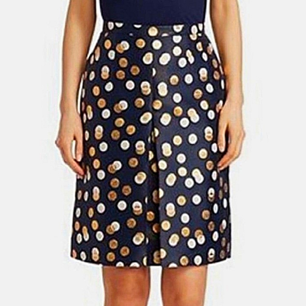 Akris Punto Metallic Polka Dot Skirt Sz 8 Navy and Gold